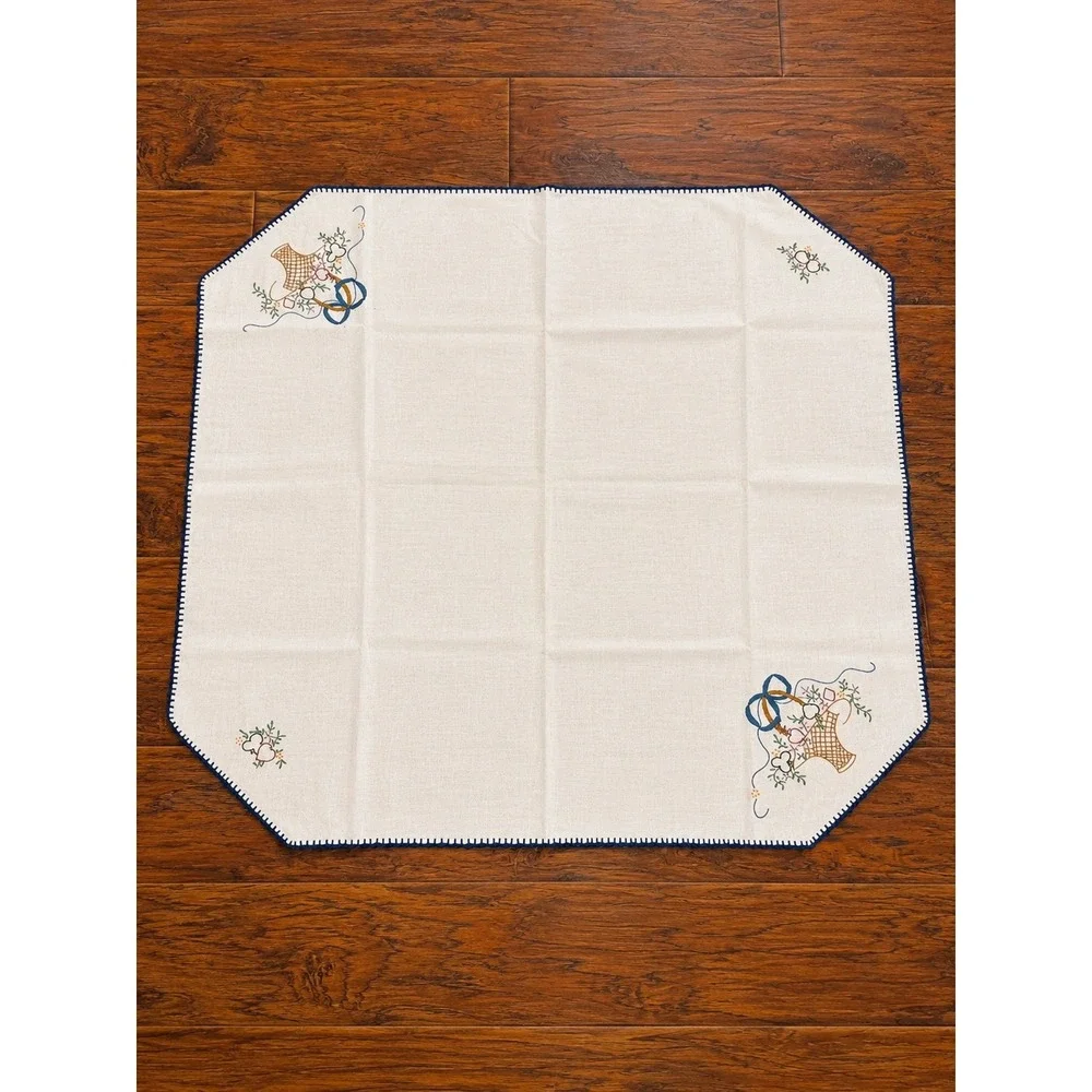 Vintage Handmade Embroidered Table Topper 30x33 Blue Floral Cottage Farmhouse